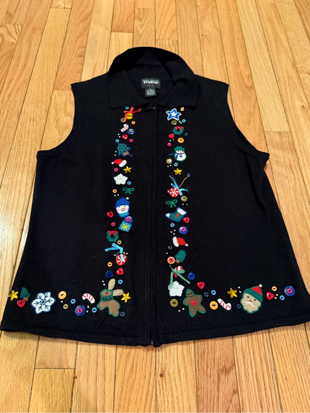 Designers Originals Black Vest Colorful Holiday Appliqués Winter Christmas
